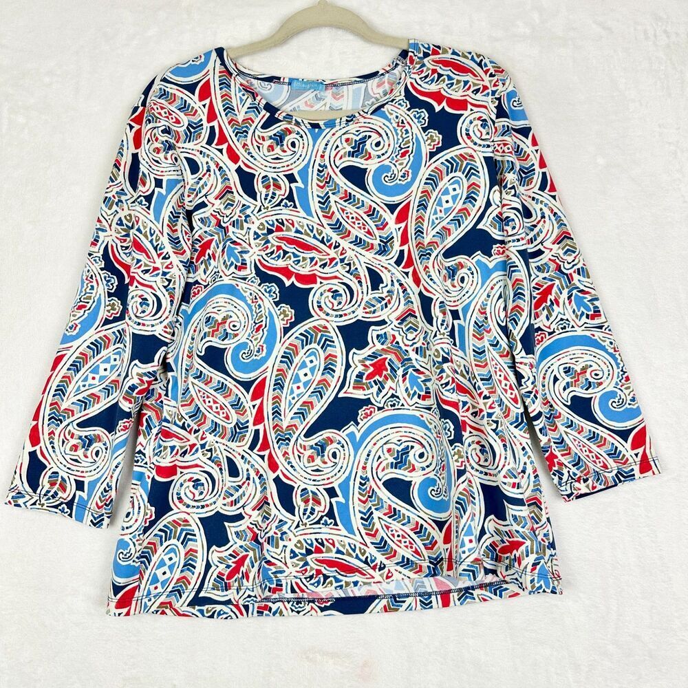 J. McLaughlin Navy Red White Paisley Long-Sleeve Blouse